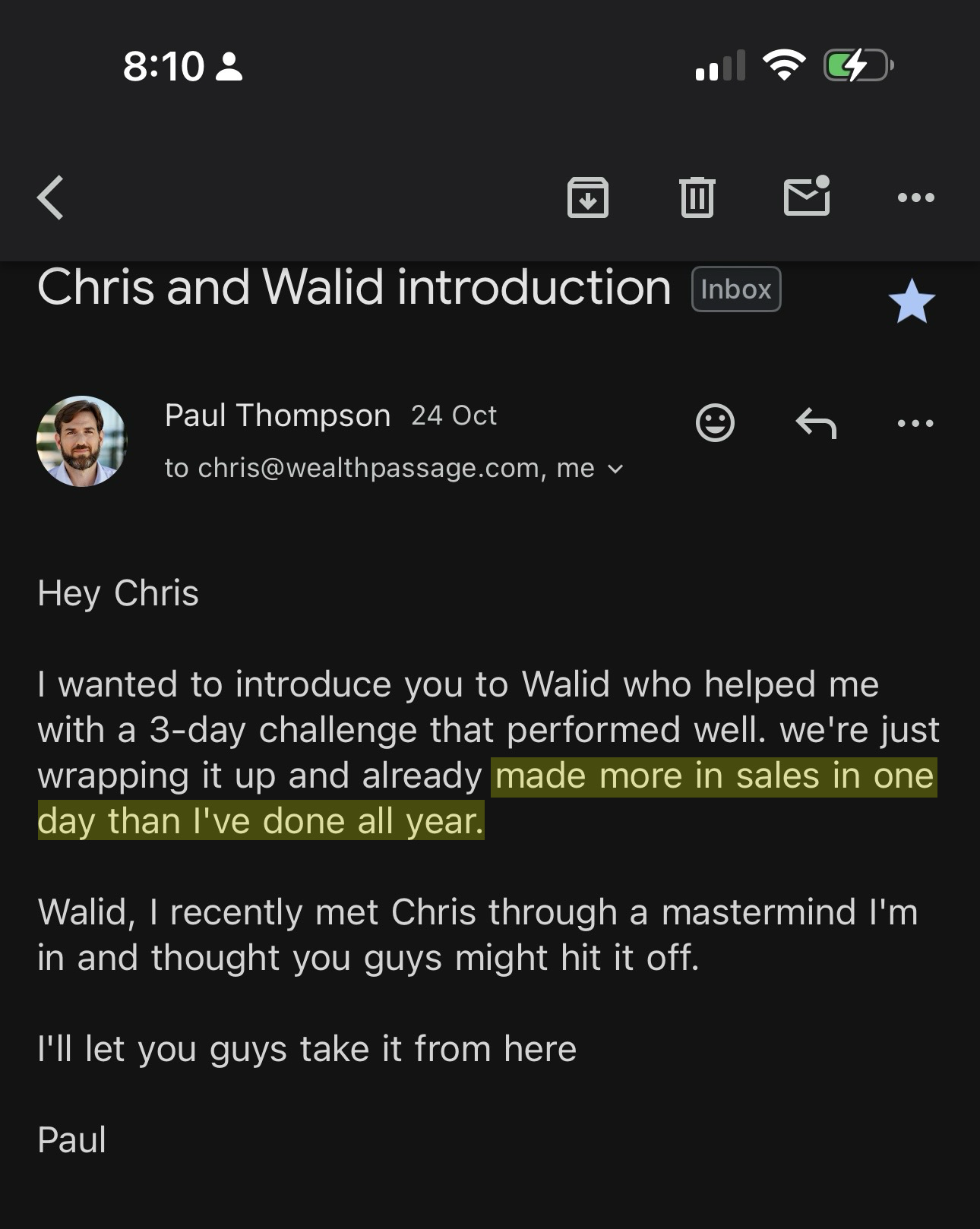 Client intro email: made more in sales in one day than all year